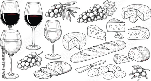 Rustic wine and charcuterie vector collection with hand drawn sketches of red white wine glasses brie swiss cheese baguette olives and grapes for restaurant menus.