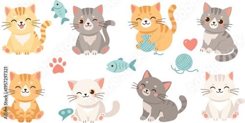 Kawaii playful kitten vector character set with orange cream and grey tabby cats playing with yarn balls and fish for digital stickers and nursery patterns.
