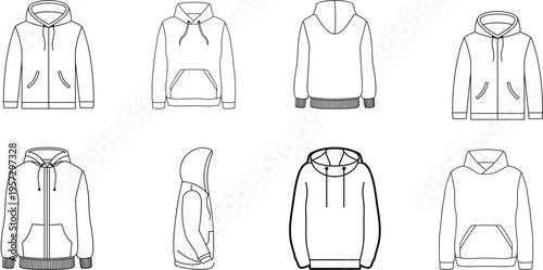 Set of blank hoodie templates, showing front, back, and side views with details like drawstrings and pockets for design mockups
