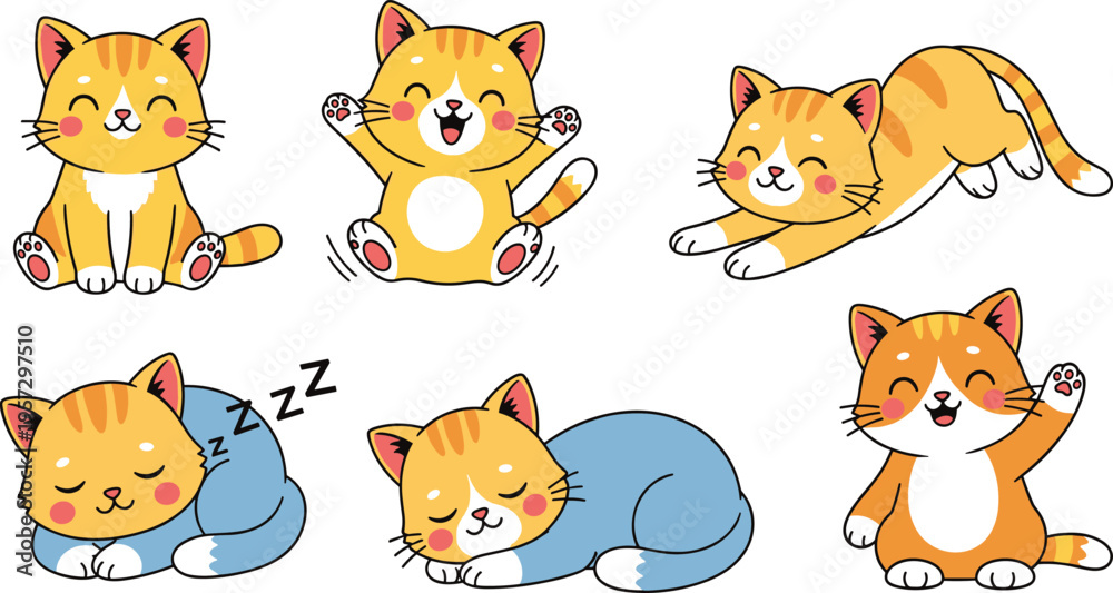 Obraz premium Kawaii orange tabby cat vector character set featuring cute kitten in various poses including sleeping, waving, stretching, and sitting for digital stickers and nursery decor.