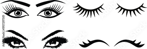 Compilation of open and closed eyes with eyelashes and eyebrows in black and white style with perfect for beauty, cosmetic, or stylistic designs