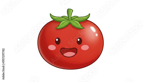 Cute smiling tomato character with leaves isolated on transparent background