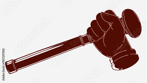 A detailed illustration of a human hand firmly gripping a wooden judge gavel for legal authority