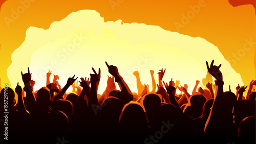 A crowd of people at a music concert with their arms and hands raised in the air during the show
