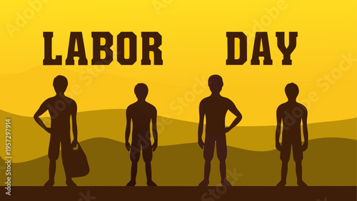 A commemorative illustration featuring silhouettes of four men standing for national labor day
