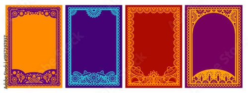 Mexican Cinco de Mayo, Day of the Dead holiday party frames, paper cut fiesta flyer, papel picado Hispanic border template. Vector frames with maracas, sombreros, flowers, and candles for invitation