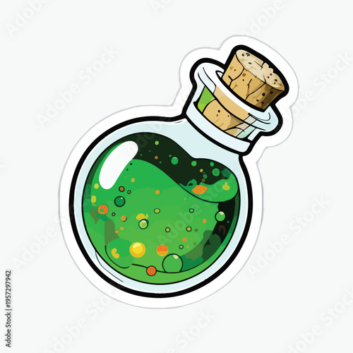 Whimsical cartoon illustration of a rounded glass potion bottle filled with bubbling bright green liquid and a cork top