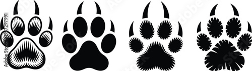 Black wolf paw print silhouettes with sharp claws in four diverse graphic styles including solid flat design etched engraving and textured fur details.
