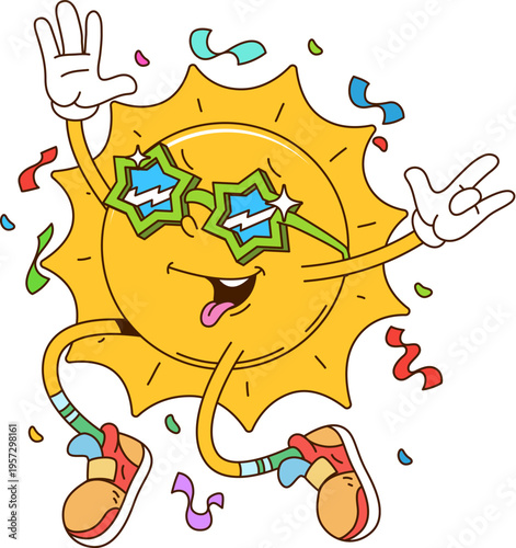 Cartoon retro groovy sun vector character dancing with bright retro y2k vibe, funky glasses, vintage hippie sneakers cheerfully dancing under flying confetti, creating fun playful festive summer mood