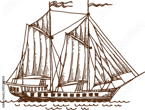 Vintage pirate sail ship and old wooden warship, European wooden galleon and warship sketch. Retro vector black and white sketch for storytelling, educational materials, or nautical decor