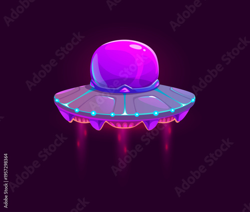Cartoon unidentified flying object game icon, UFO spaceship asset. Vibrant purple UFO emitting bright pink engine beams as it flies through space. Cartoon vector spaceship for extraterrestrial game
