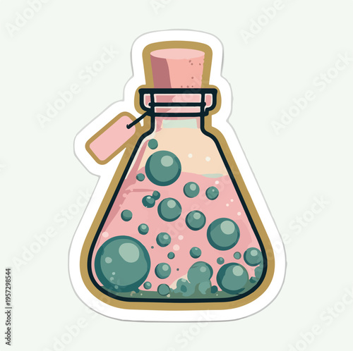 Delightful cartoon sticker illustration of a pink liquid potion in a laboratory flask with active green bubbles and a simple cork.