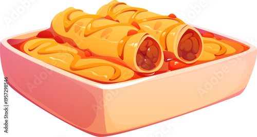 Cartoon enchilada Mexican food dish meal cuisine. Isolated vector traditional tortilla rolls with sauce filling and beans served in ceramic plate. Warm appetizing baked homemade or restaurant meal