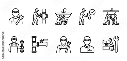 A collection of simple line art icons illustrating various plumbing services and actions, perfect for websites and presentations related to home repair and maintenance.