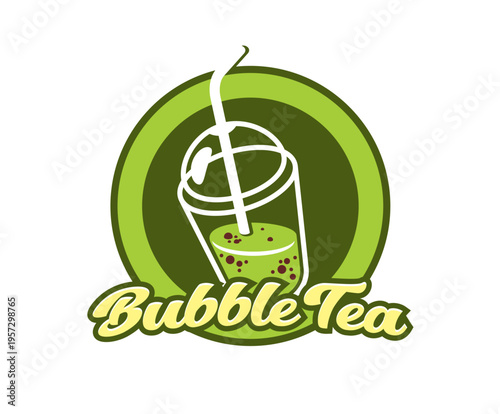 Boba milk bubble tea drink icon. Matcha plastic cup with straw, tapioca pearls and bold cursive script on layered green circle emblem. Vector symbol of bubble tea shop branding and cafe menu