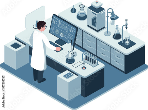 Scientist working in modern laboratory analyzing data on computer with test tubes and scientific equipment in isometric illustration