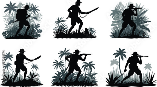 Jungle explorer silhouettes set with men wearing hats and backpacks holding machetes and rifles trekking through tropical palm trees and dense exotic forest foliage.