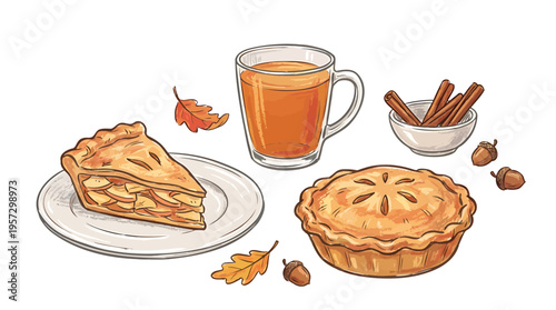 Wholesome autumn apple pie, comforting spiced cider, and aromatic cinnamon sticks, an illustrative harvest season feast of sweet treats