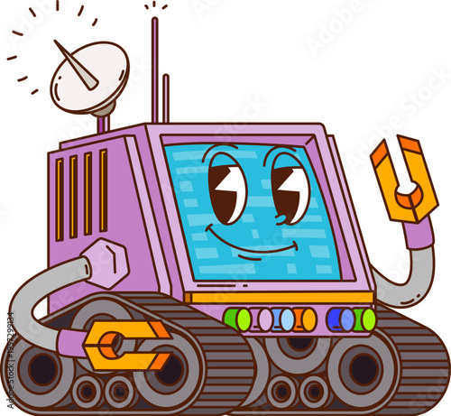 Cartoon groovy robot and droid character. Vibrant purple robot on tank treads with monitor head, satellite dish antenna, and gripper arms. Funky vector personage for quirky mascots, science project