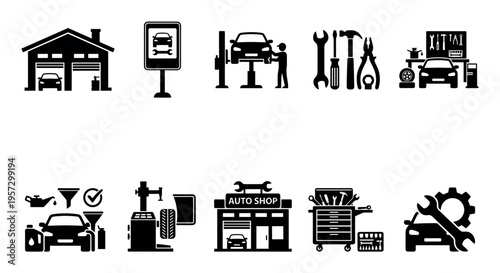 A collection of black and white icons representing various aspects of car repair services, including garages, tools, and vehicles, ideal for automotive businesses.