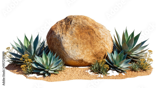 Natural desert rock formation with robust agave plants and small yellow flora on sand
