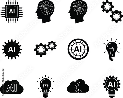 Collection of black and white representing artificial intelligence concepts including a chip, human head, gears, lightbulb, and cloud