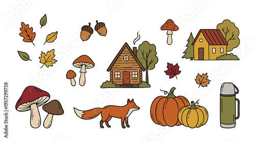 Cozy Autumn Forest Elements Collection Rustic Cabins, Woodland Animals, Seasonal Leaves, and Harvest Pumpkins Vector Set