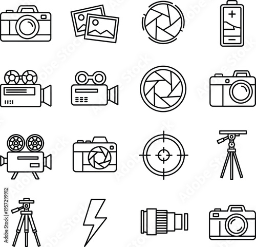 Collection of black outline for and videography equipment camera reel lens aperture