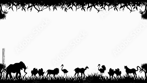 A black silhouette of various animals and plants on a white background