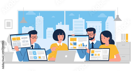 Diverse team collaborating with laptops and papers in modern office with city view in bright and cheerful lighting for business and teamwork