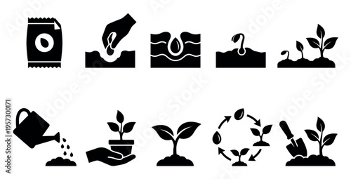 Collection of simple black and white icons illustrating the plant life cycle from seed to maturity, including planting, watering, and growth.