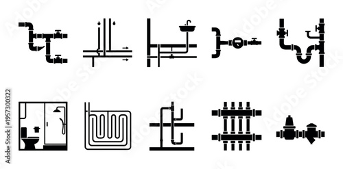 A collection of black and white flat design icons illustrating various plumbing system components like pipes, valves, shower, toilet, and heating.