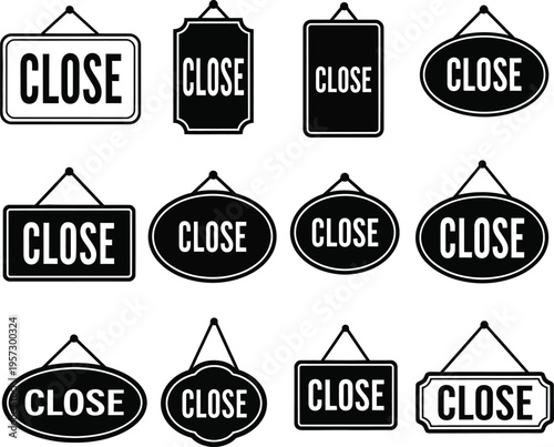 Collection of twelve black and white hanging signs with the word C L O S E close sign shop sign store sign