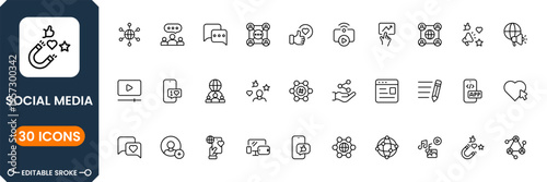 Social media icon set with communication, networking, chat, like and share symbols modern outline vector collection for apps and web