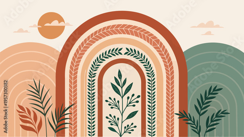 Soft beige abstract wall art with layered arches plants and sun