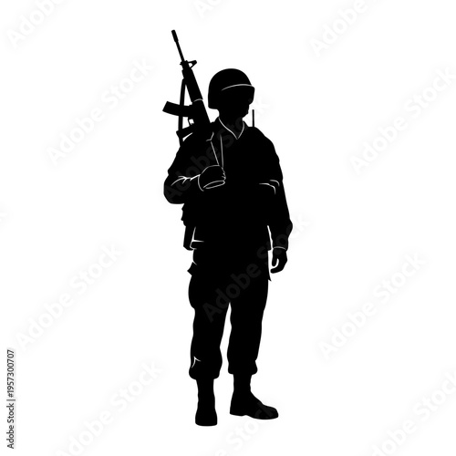 Silhouette of a Soldier Standing with Rifle on White Background.