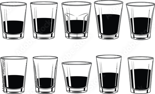 Ten black liquid filled clear glasses in a grid pattern drink