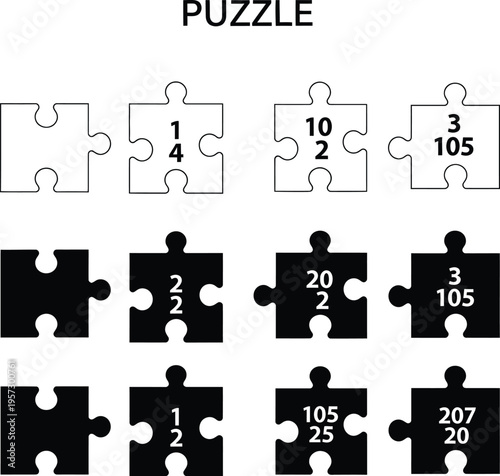 Twelve puzzle pieces with numbers and mathematical equations in white and black jigsaw puzzle addition