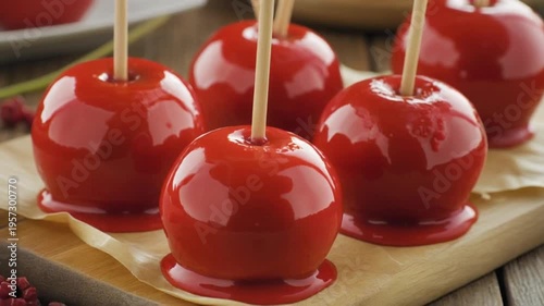 Close-up of glossy, red candy apples with wooden skewers on a wooden serving board