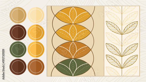 Balanced shapes using brown mustard olive and cream colors in a leafy pattern design