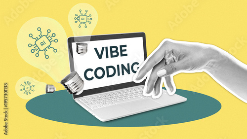 Hands engage with laptop displaying Vibe Coding on a colorful background with light bulbs