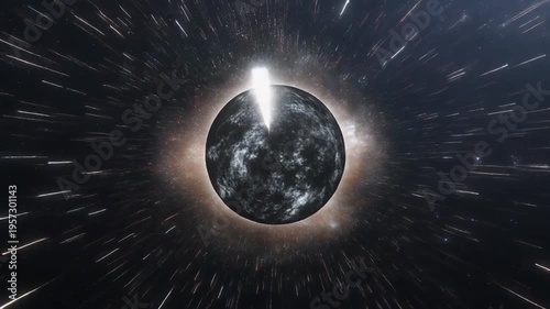 A celestial scene depicts a dark sphere at the center with a ring of light, streaking lights