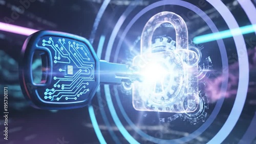 Futuristic 3D render of a key unlocking a digital padlock with cybernetic circuit key