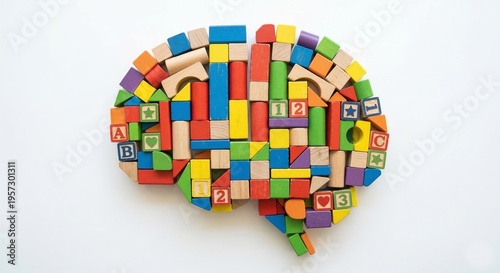 Human brain shape made of colorful wooden toy blocks conceptualizing early childhood development