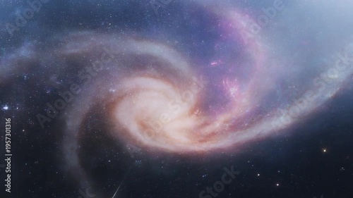 A vibrant galaxy swirls in the cosmic expanse, stars twinkle, a celestial beacon shines brightly