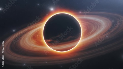 A cosmic image showcasing a black hole with an orange ring, surrounded by a starry field