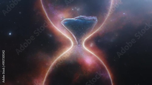 An hourglass figure with light streaks against a cosmic backdrop, flowing from top to bottom