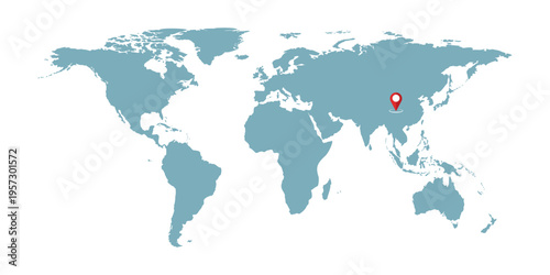 World map illustration with pinpointed on China.Gray modern vector map.
