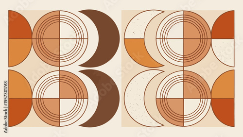 Geometric shapes with circles and half moons in orange brown and beige colors on cream background