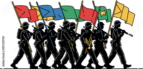Soldiers marching in formation carrying colorful political banners during a national holiday parade illustration